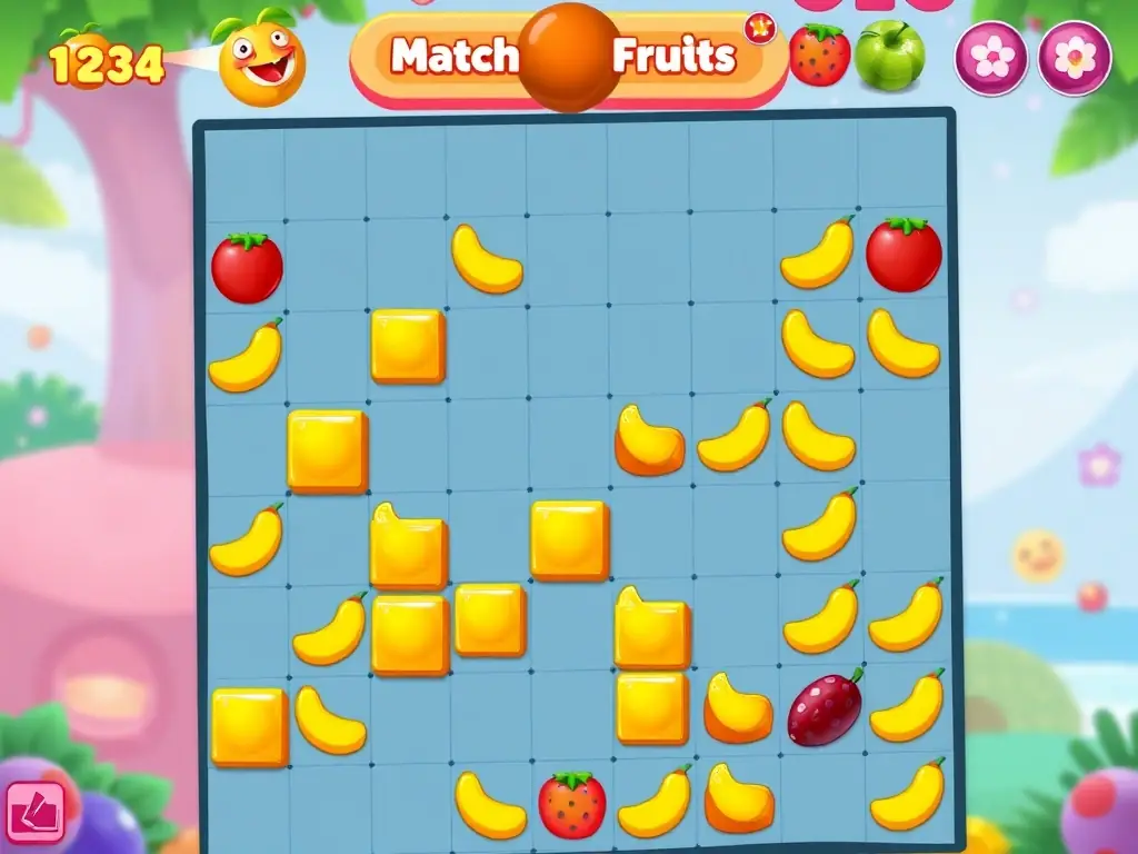 A screenshot of Match Fruits showing a level with various fruit cubes, including prominent banana cubes, and a level objective displayed at the top.