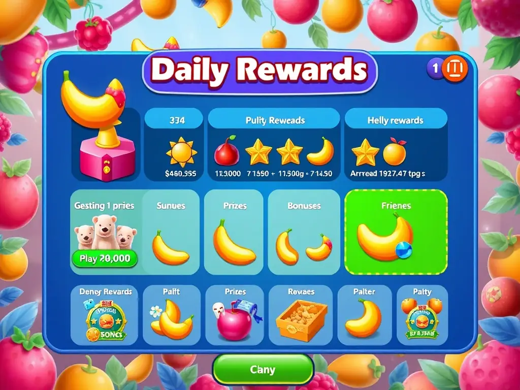 A screenshot of Match Fruits displaying the daily rewards screen, showing various bonuses and prizes available to players.