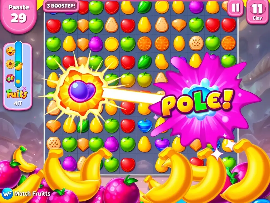 A screenshot of Match Fruits showcasing different boosters, such as a fruit bomb or a color splash, being used to clear a difficult level.